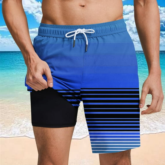 Shorts for Men Elastic Waist Stripe Print Lining Shorts with Pockets Casual Beach Shorts Blue XXL
