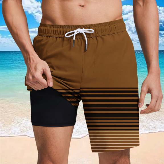 Shorts for Men Elastic Waist Stripe Print Lining Shorts with Pockets Casual Beach Shorts Brown S