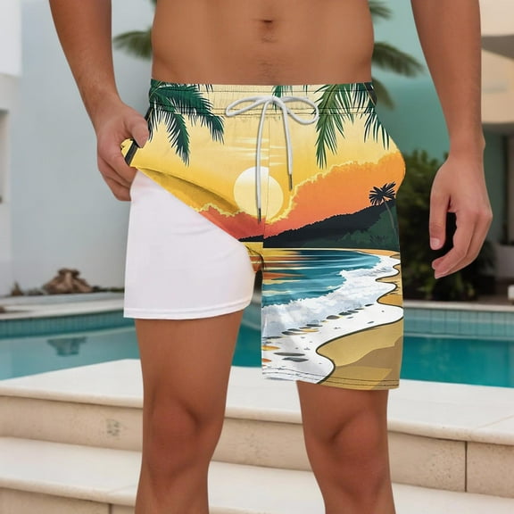 Shorts for Men Elastic Waist with Pockets Hawaii Print Casual Shorts Beach Pants Khaki S