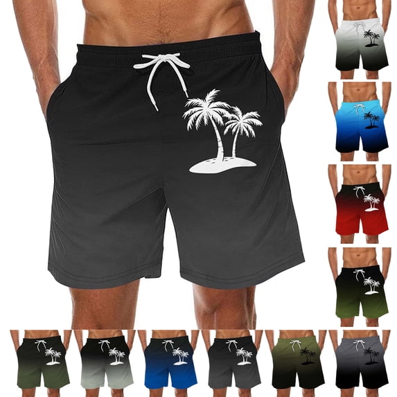 Shorts for Men Gradient Coconut Tree Print Beach Shorts with Pockets Elastic Waist Drawstring Summer Casual, S-5XL