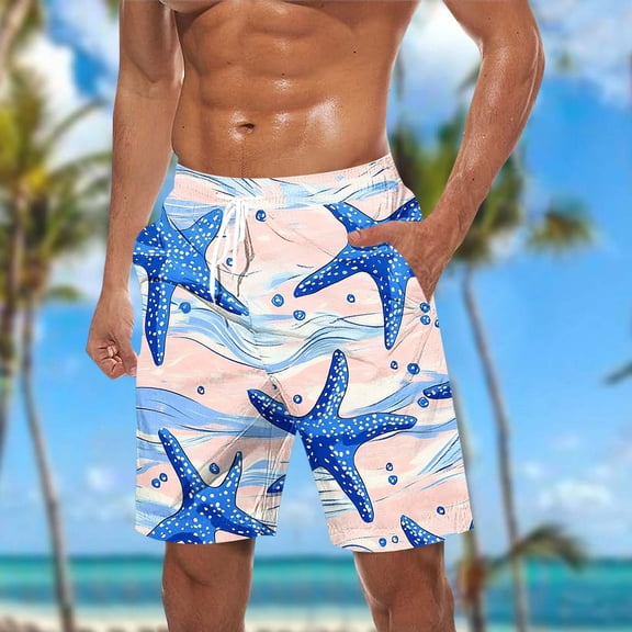Shorts for Men Hawaiian Print Pockets Casual Elastic Waist Drawstring Beach Shorts Blue M