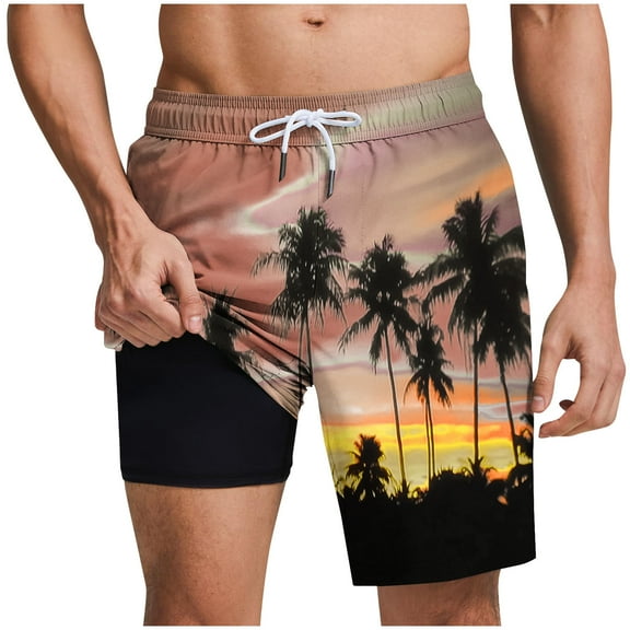 Shorts for Men Plus Size Hawaii Printed Drawstring Elastic Waisted Loose Comfy Shorts with Pokcet Brown XL