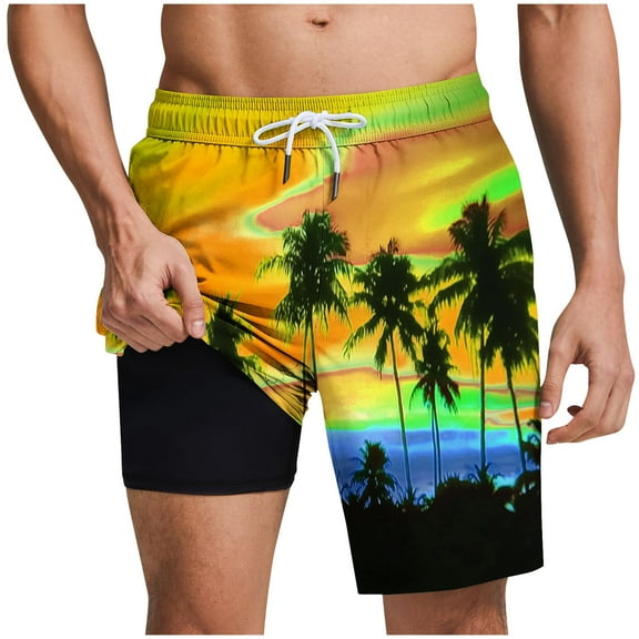 Shorts for Men Plus Size Hawaii Printed Drawstring Elastic Waisted Loose Comfy Shorts with Pokcet Green XL