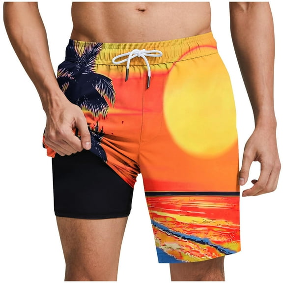 Shorts for Men Plus Size Hawaii Printed Drawstring Elastic Waisted Loose Comfy Shorts with Pokcet Orange XL