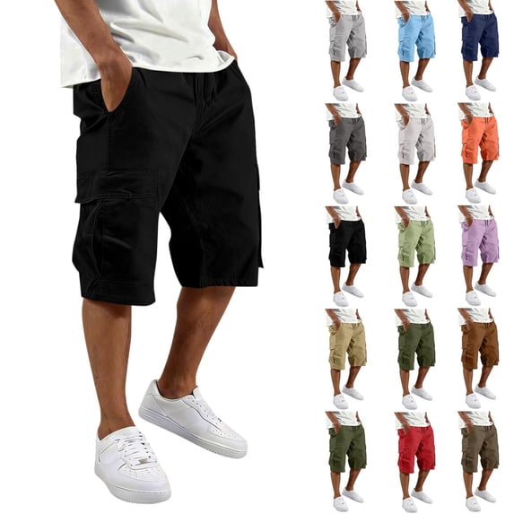 Shorts for Men Plus Size Solid-Color Cargo Shorts Loose Casual Shorts Mens Shorts with Pockets Shorts Elastic Waist Workwear Shorts, Black-S