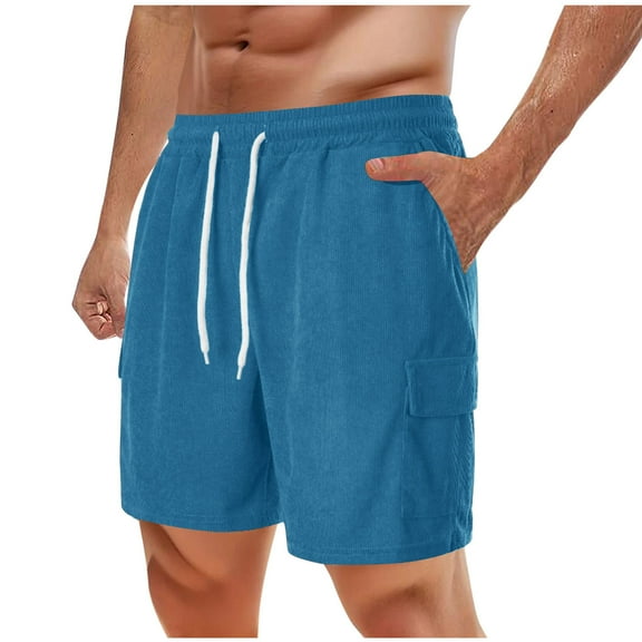 Shorts for Men Plus Size Solid Color Corduroy Casual Elastic Waist Drawstring Pockets Workwear Shorts Blue XL