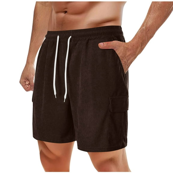 Shorts for Men Plus Size Solid Color Corduroy Casual Elastic Waist Drawstring Pockets Workwear Shorts Coffee XL