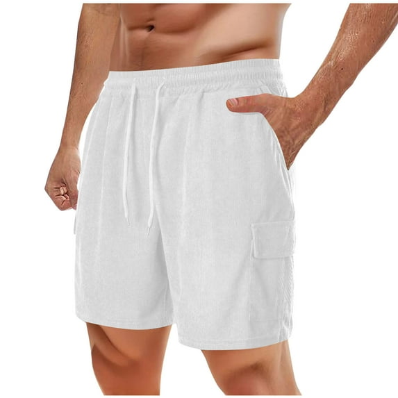 Shorts for Men Plus Size Solid Color Corduroy Casual Elastic Waist Drawstring Pockets Workwear Shorts White L