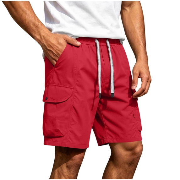 Shorts for Men Quick Dry Men's Cargo Shorts with Multi-pocket, Elastic Waist Straight Leg Shorts, Summer Fashion Casual Beach Short Pants Red 3XL