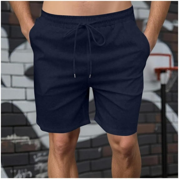 Shorts for Men Solid Color Drawstring Elastic Waist and Pockets Mid-Rise Bermuda Shorts Washed Crinkle Dark Blue M