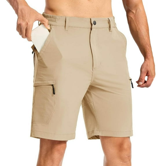 Shorts for Men Solid-Color Loose Casual Button Zipper Multi-Pocket Workwear Short Pants Khaki S