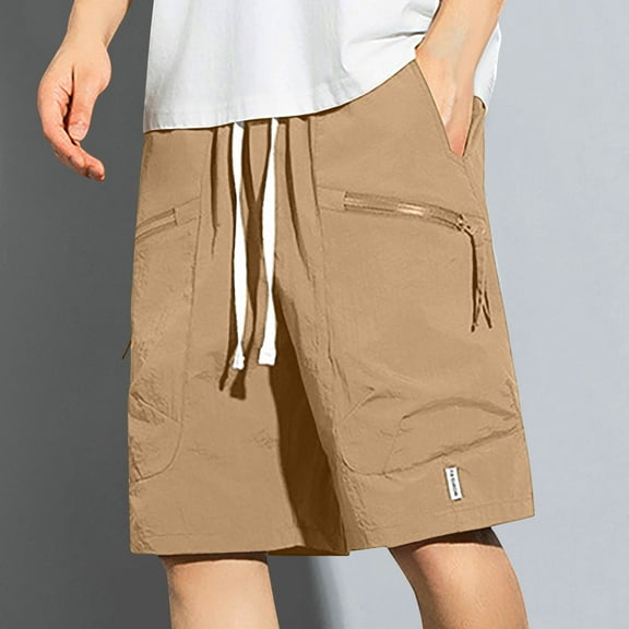 Shorts for Men Solid Color Training Elastic Waist Zipper Pocket Bermuda Shorts Khaki XXL