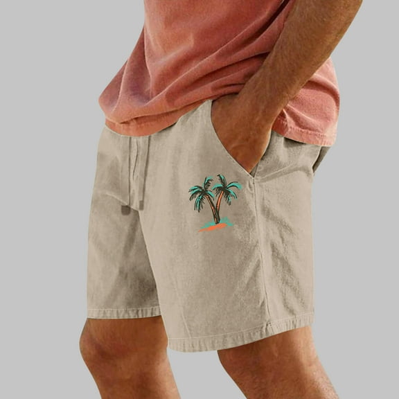 Shorts for Men Washed Crinkle Palm Tree Print Elastic Waist Straight-Leg Beach Shorts Beige M