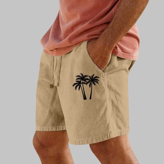 Shorts for Men Washed Crinkle Palm Tree Print Elastic Waist Straight-Leg Shorts Khaki M