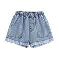 thumbnail image 1 of Shorts for Girls Girls Elastic Waist Washed Denim Shorts Solid Color Summer Casual Straight Leg Cute Fashion for Kids Blue 9 Years-10 Years, 1 of 7