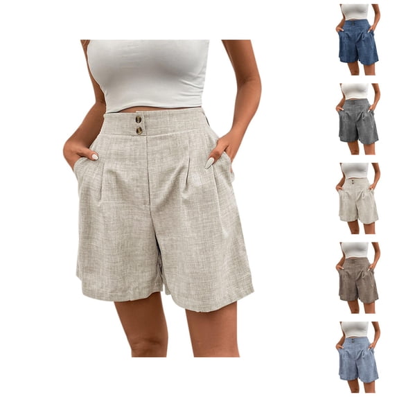 Shorts for Women 2026 Summer Cotton Linen Elastic High Waist Wide Straight Leg Office Work Shorts with Pockets