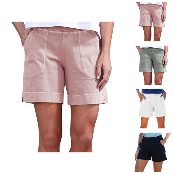 Shorts for Women 2026 Summer Cotton Linen Elastic High Waist Wide Straight Leg Relaxed Fit Casual Shorts with Pockets