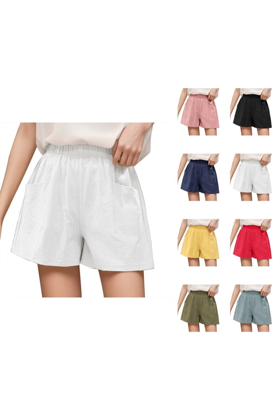 Shorts for Women 2026 Summer Cotton Linen Elastic Waist Lightweight Wide Leg Relaxed Fit Casual Shorts with Pockets