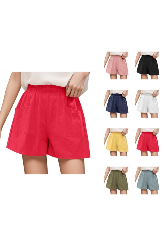 Shorts for Women 2026 Summer Cotton Linen Elastic Waist Lightweight Wide Leg Relaxed Fit Casual Shorts with Pockets