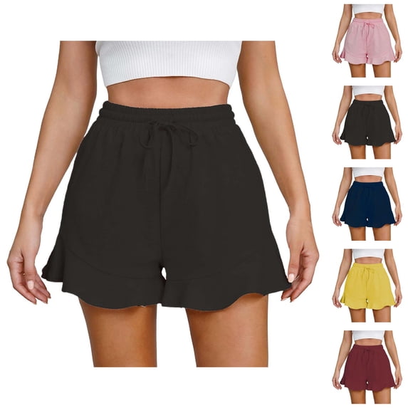 Shorts for Women 2026 Summer Cotton Linen Elastic Waist Wide Leg Ruffle Hem Flowy Casual Shorts with Pockets