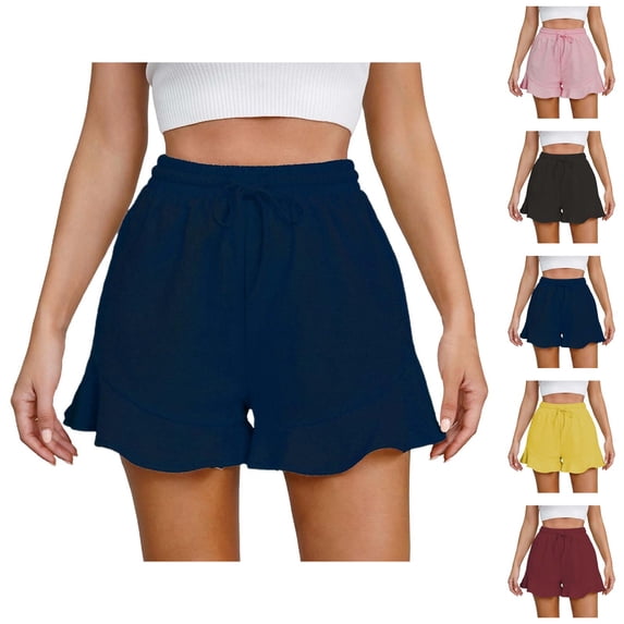 Shorts for Women 2026 Summer Cotton Linen Elastic Waist Wide Leg Ruffle Hem Flowy Casual Shorts with Pockets