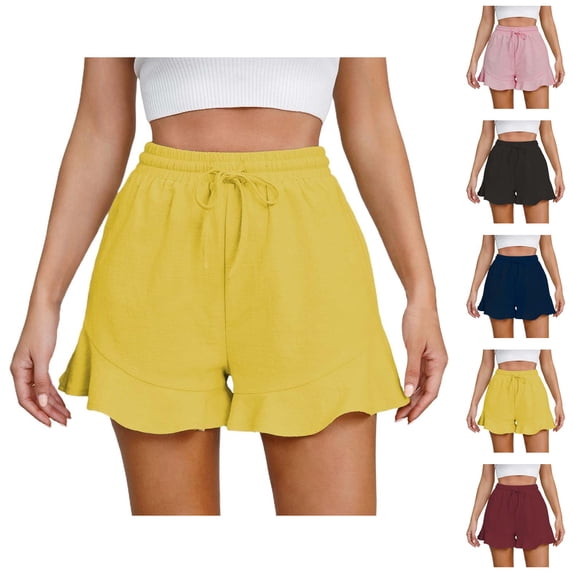 Shorts for Women 2026 Summer Cotton Linen Elastic Waist Wide Leg Ruffle Hem Flowy Casual Shorts with Pockets