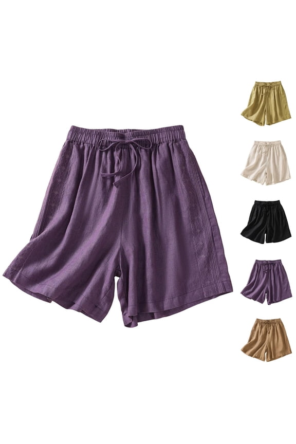 Shorts for Women 2026 Summer Cotton Linen Elastic Waist Wide Leg Vintage Boho Casual Shorts Loungewear
