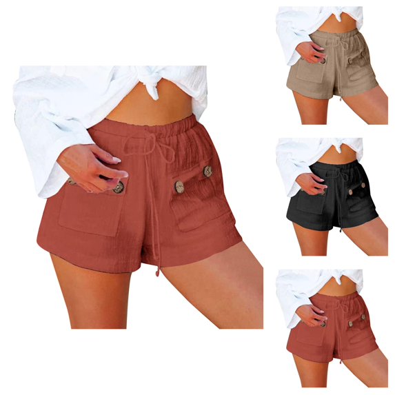 Shorts for Women 2026 Summer Cotton Linen Elastic Waist Wide Straight Leg Casual Beach Shorts with Pockets