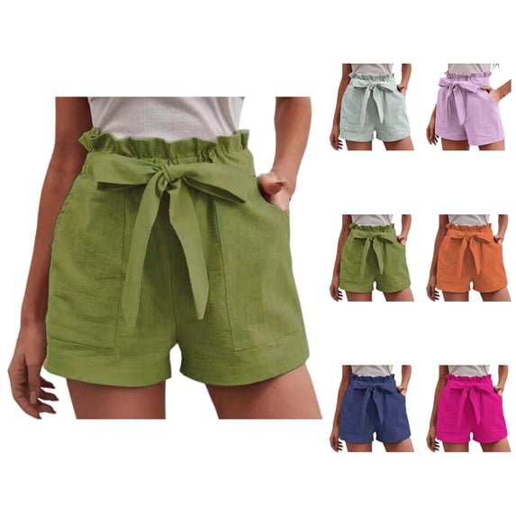 Shorts for Women 2026 Summer Elastic High Waist Adjustable Tie Knot Wide Leg Loose Linen Casual Shorts with Pockets