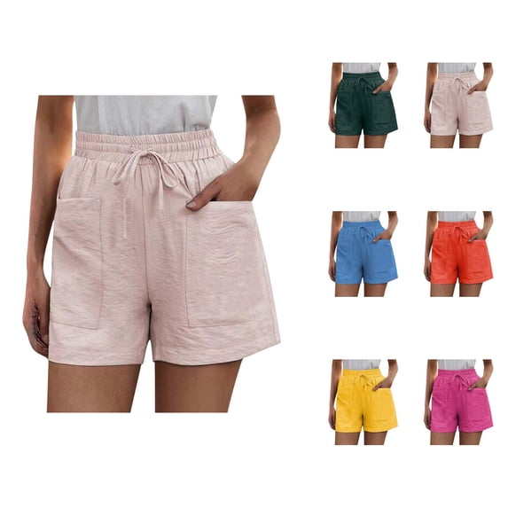 Shorts for Women 2026 Summer Elastic Waist Drawstring Cotton Linen Wide Straight Leg Casual Shorts with Deep Pockets