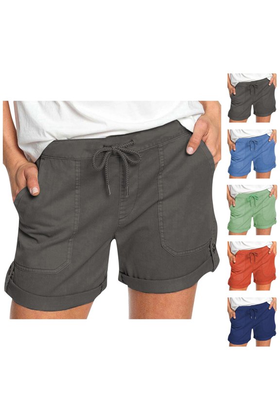 Shorts for Women 2026 Summer Elastic Waist Drawstring Straight Leg Roll Up Casual Shorts with Pockets