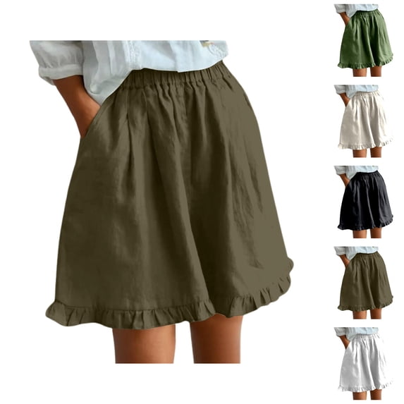 Shorts for Women 2026 Summer Elastic Waist Wide Leg Ruffle Hem Flowy Casual Beach Shorts with Pockets