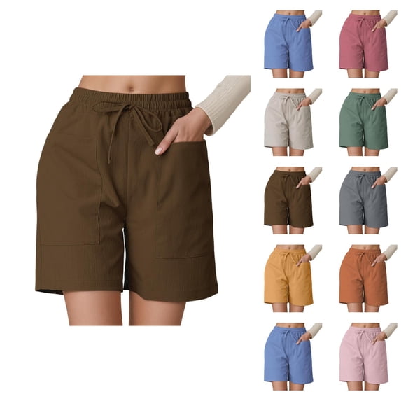 Shorts for Women 2026 Summer Linen Elastic High Waist Wide Straight Leg Relaxed Fit Casual Shorts with Pockets