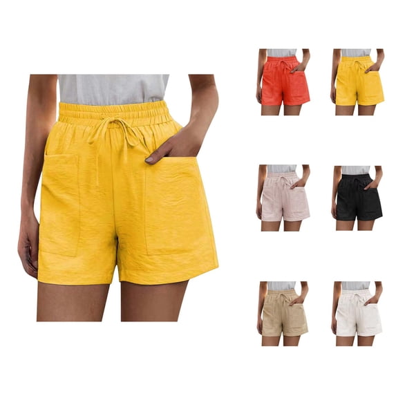 Shorts for Women 2026 Summer Plus Size Linen Elastic High Waist Wide Straight Leg Casual Shorts with Pockets
