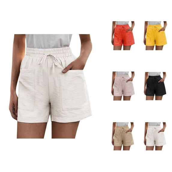 Shorts for Women 2026 Summer Plus Size Linen Elastic High Waist Wide Straight Leg Casual Shorts with Pockets