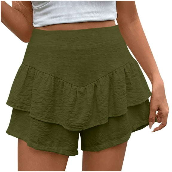 Shorts for Women Casual Summer Elastic High Waist Flowy Dressy Double Layer Ruffle Shorts
