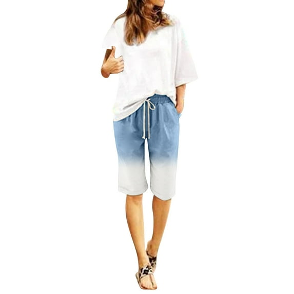 Shorts for Women Casual Summer Knee Length Shorts Elastic Waist Drawstring Cotton Linen Plus Size Shorts with Pocket