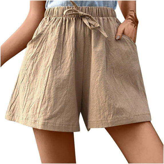 Shorts for Women Casual Summer Pure Color Elastic Waist Drawstring Shorts Cotton Linen Comfy Lightweight Beach Shorts