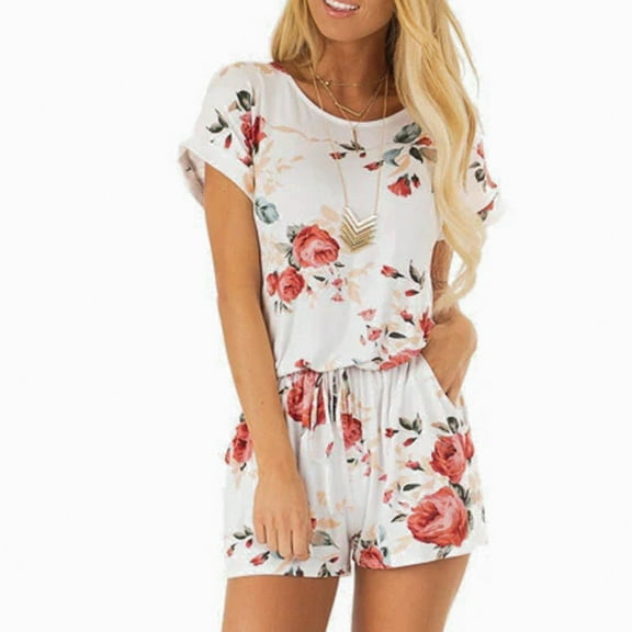Shorts for Women,Clearance Fashion Womens Summer Loose Floral Printed Knot Strap Short Jumpsuit Rompers