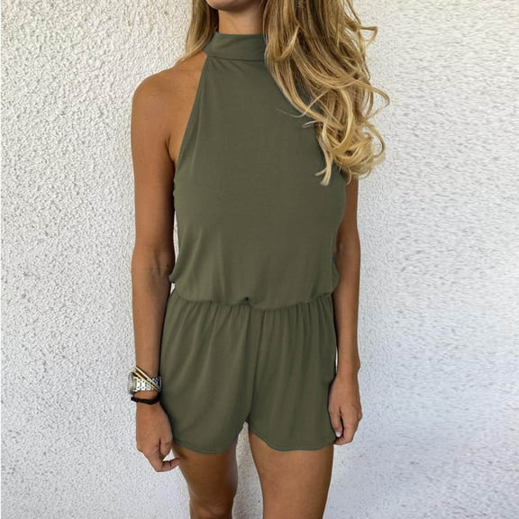 Tbopshirt Shorts for Women Summer Hanging Neck Open Shoulder Open Back Button Jumpsuit Casual Shorts