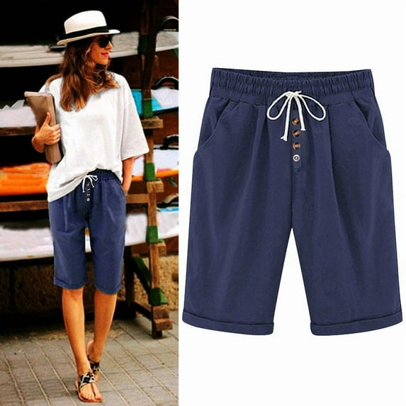 Shorts for Women Clearance, Xunlbb Women's Half Shorts Pants Summer Elastic Waist Buttons Casual Linen Pockets Pants