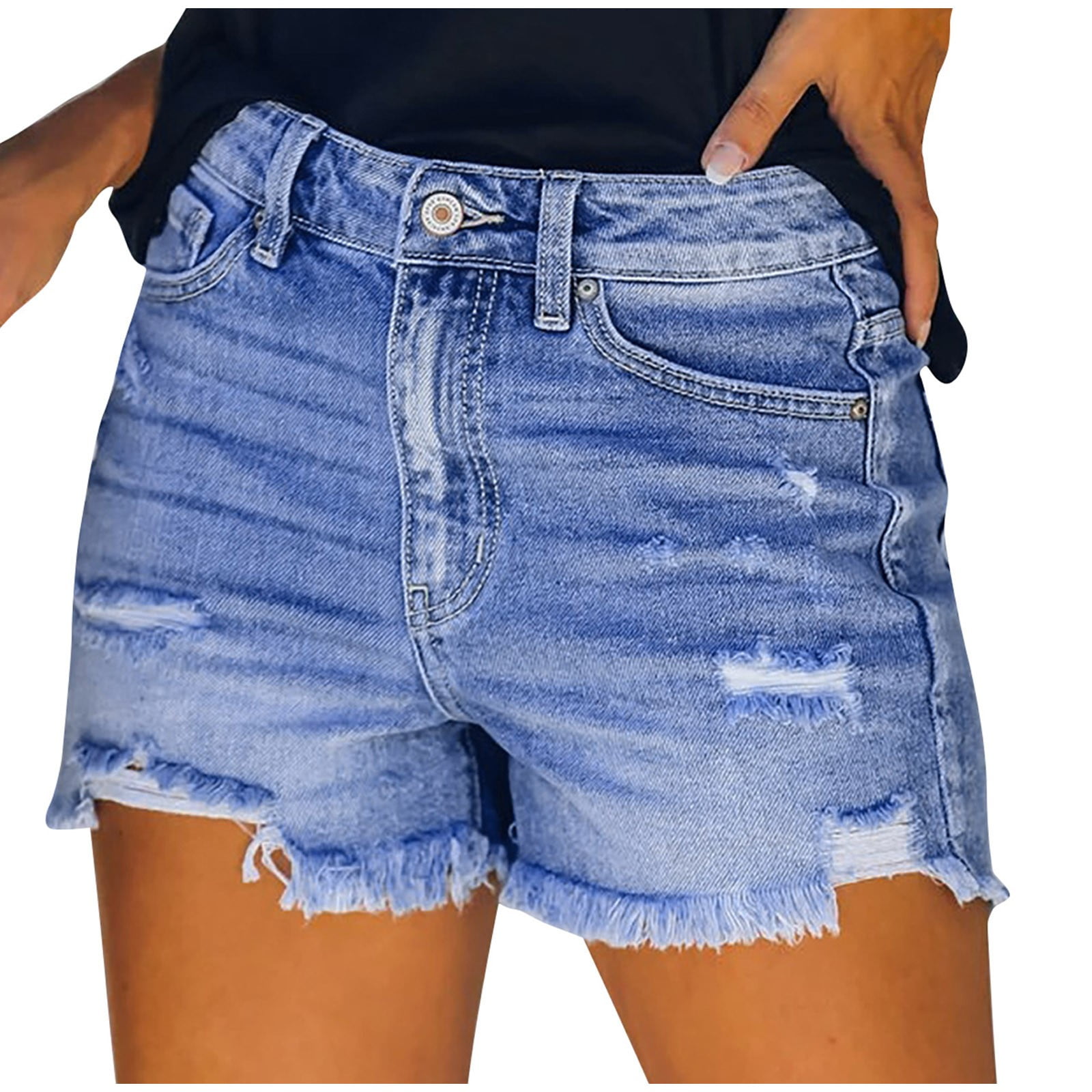 Shorts for Women Denim Printing Short Summer Mid Waist Stretchy Pockets Jean  Shorts Ripped Raw Hem Distressed Denim Shorts,Light Blue-02,L 