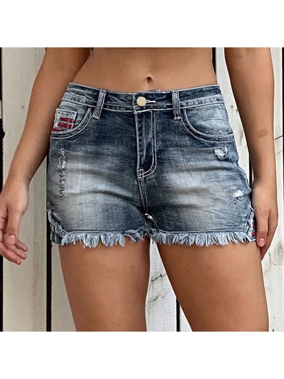 Shorts for Women Denim Shorts with Embroidery and Stretchy Ripped Design for Everyday Casual Wear Clothing Women’s Shorts Blue L