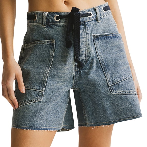 Shorts for Women Drawstring Bud Elastic Waist Slit Washed Denim Casual Street Shorts