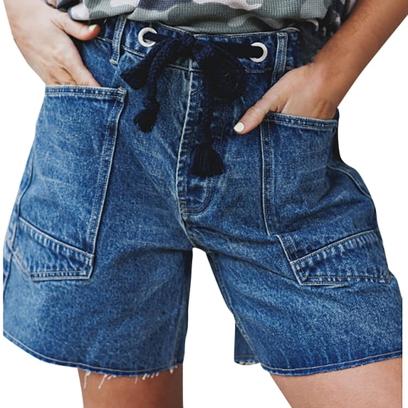 Shorts for Women Drawstring Bud Elastic Waist Slit Washed Denim Casual Street Shorts