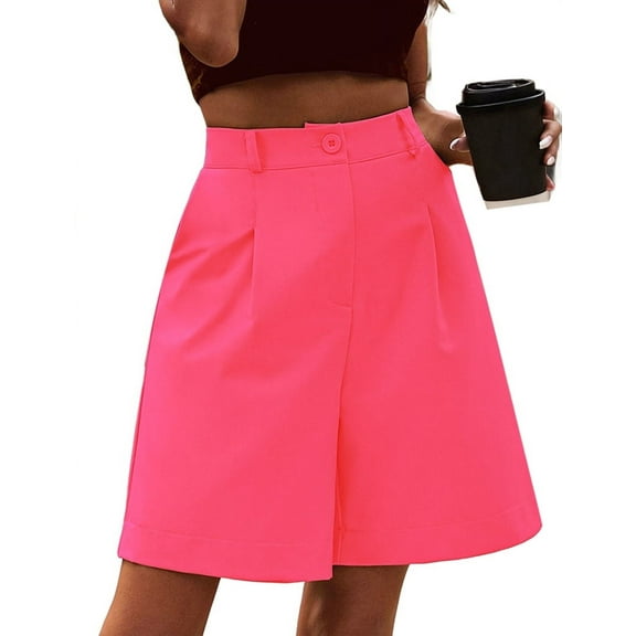 Shorts for Women Dressy 2025 Summer Elastic High Waisted Wide Leg Business Casual Work Shorts with Pockets Rose Red L