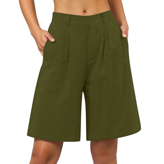 Shorts for Women Dressy 2026 Summer Elastic High Waisted Solid Color Bermuda Shorts Loose Fit Knee Length Beach Shorts with Pockets