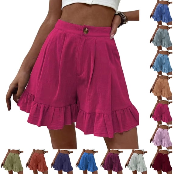 Shorts for Women Dressy Casual High Waist Ruffle Hem Wide Leg Loose Elegant Summer Vacation Shorts with Pocket, Hot Pink S
