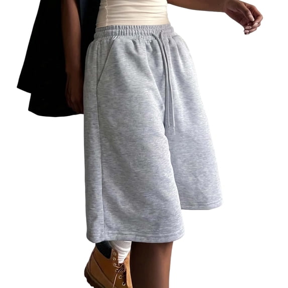 Shorts for Women Elastic Drawstring Waist Knee Length Loose Wide Leg Solid Color Casual Sweat Shorts for Summer Daily Wear