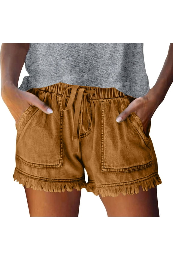 Shorts for Women Elastic Waist Casual High Waist Denim With Drawstring Four Pockets Summer Outdoor Activities Gym Shorts